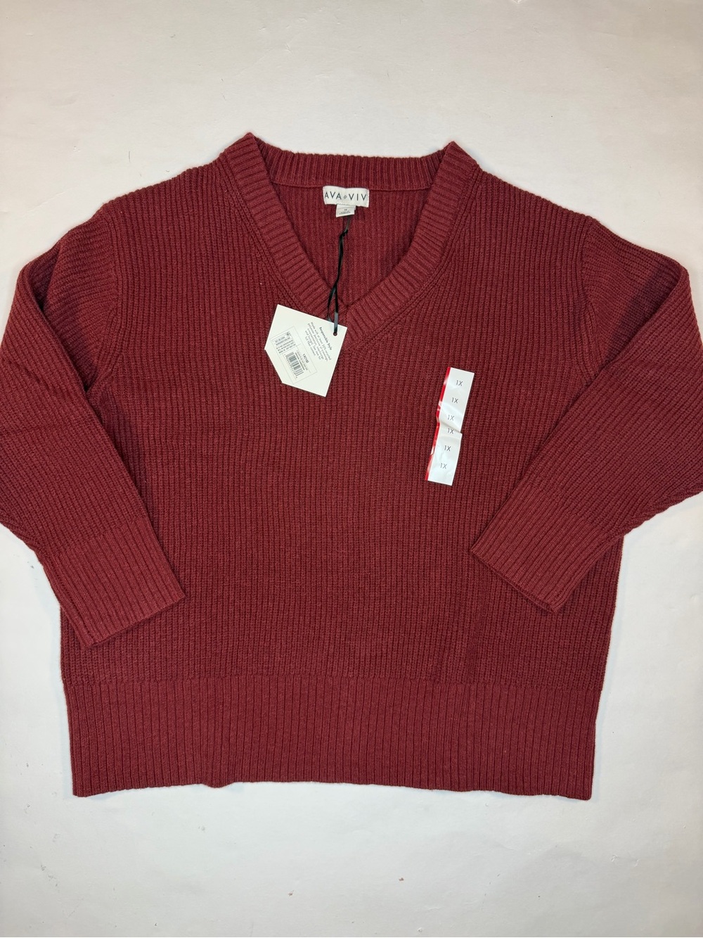 Ava & Viv Deep Red V-Neck Ribbed Sweater
